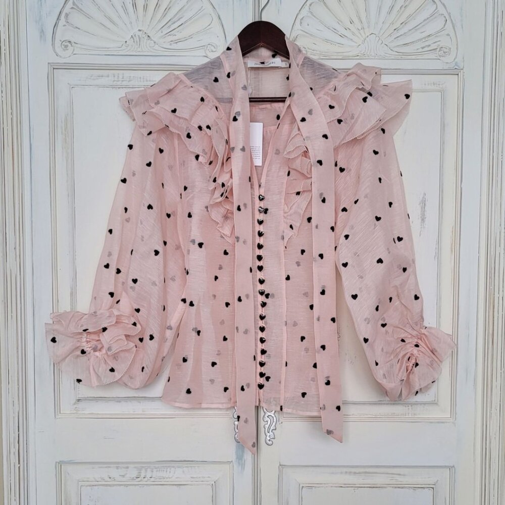 Zimmermann Crush Embroidered Frill Silk Linen Blouse Pink Hearts 💕NWT size AU 2 - Picture 2 of 10